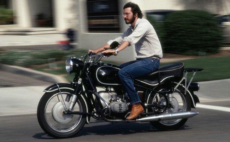 Steve riding his new BMW motorcycle at age 27, 1982