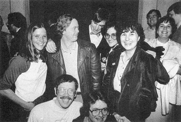 After the Mac introduction. Top: Roney Sebok, Burrell Smith, Steve Jobs, Joanna Hoffman, Hasmig Seropian. Bottom: Bill Atkinson and Andy Hertzfeld, 24 Jan 1984