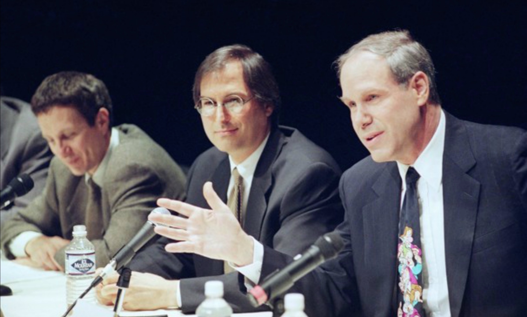 Steve Jobs and Disney CEO Michel Eisner at a press conference, 1995