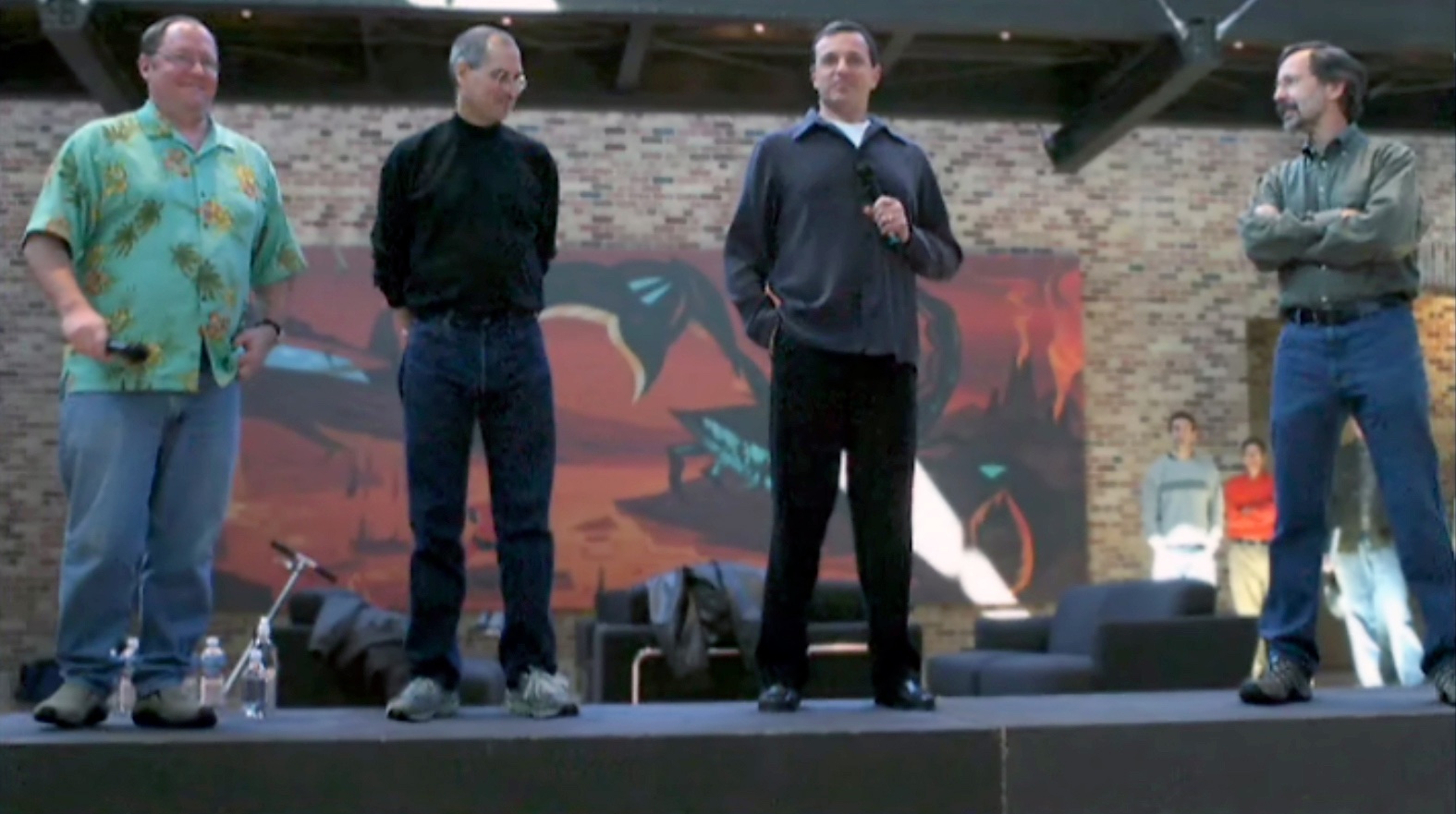 John Lasseter, Steve Jobs, Bob Iger and Ed Catmull announcing the Pixar-Disney merger at the Pixar campus, 24 Jan 2006
