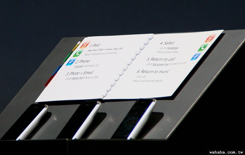 This rare photograph shows the notebook Steve Jobs was using during the iPhone introduction as a guide, and the custom iPhone hardware used for the demo (notice the bulk at the back of the phones)