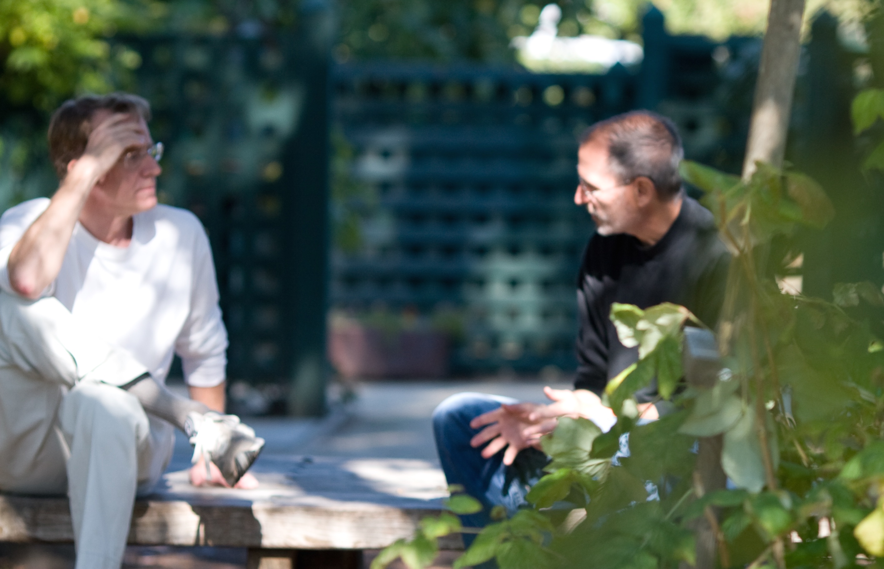 John Doerr and Steve Jobs in a park in Palo Alto, 14 Oct 2007